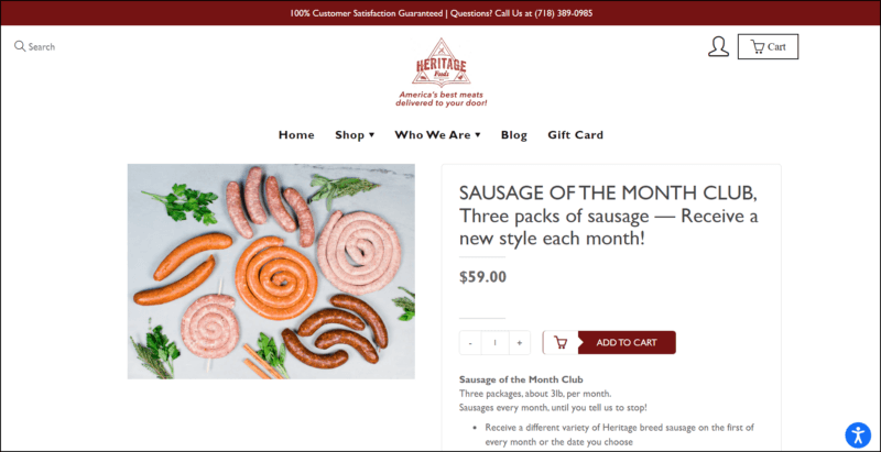 screenshot of Heritage Foods Sausage of the Month Club's web page, dominantly white with dark red announcement bar on top followed by the website's logo and name, underneath it is the navigation bar, the page mainly displays the details of the club subscription accompanied by an image of the different variety of sausages.