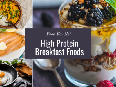 A selection of high protein breakfast foods, including a parfait, curry, fish and eggs