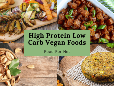 A selection of high protein vegan foods, including tempeh, meat alternatives, and nuts