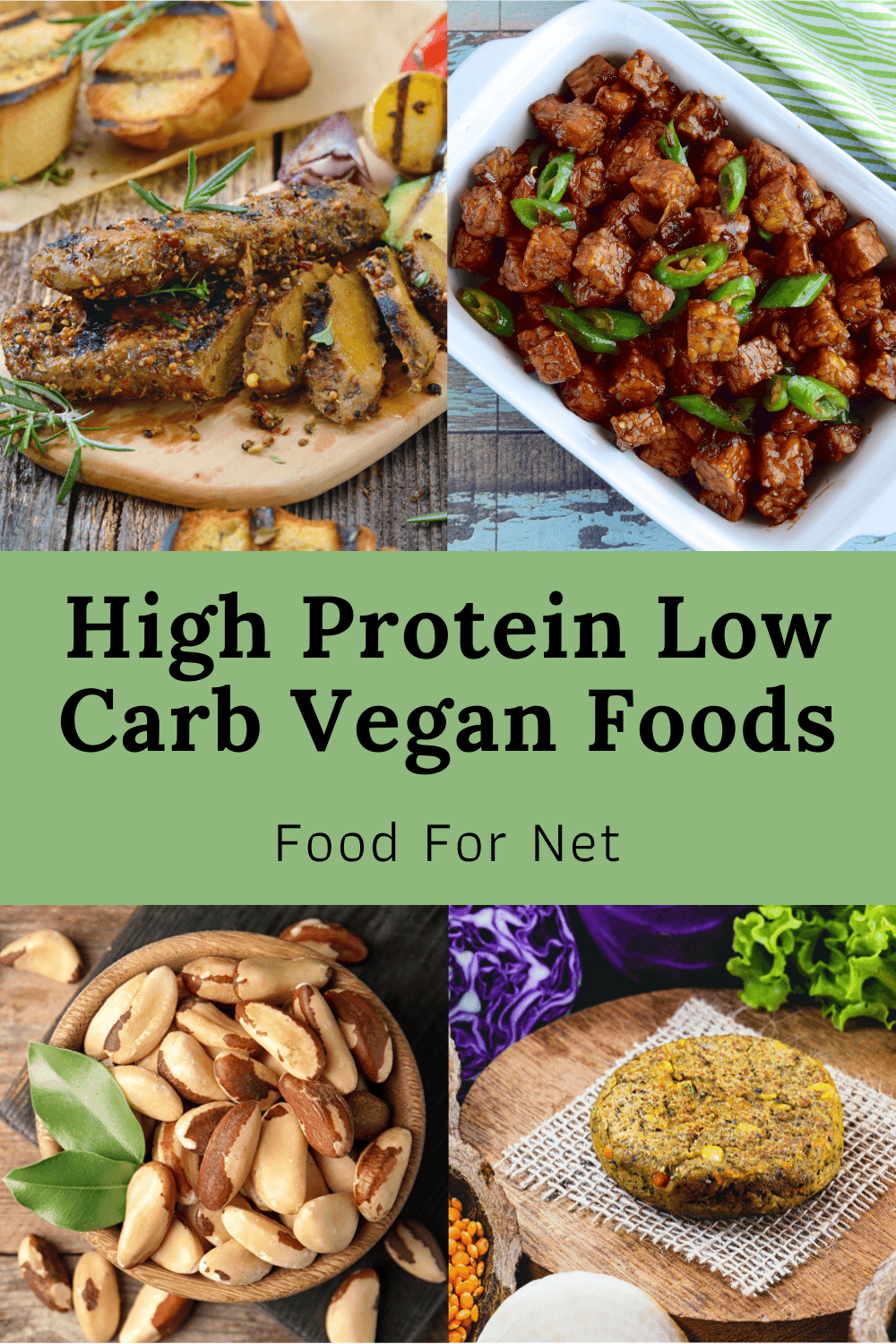 A selection of high protein vegan foods, including tempeh, meat alternatives, and nuts