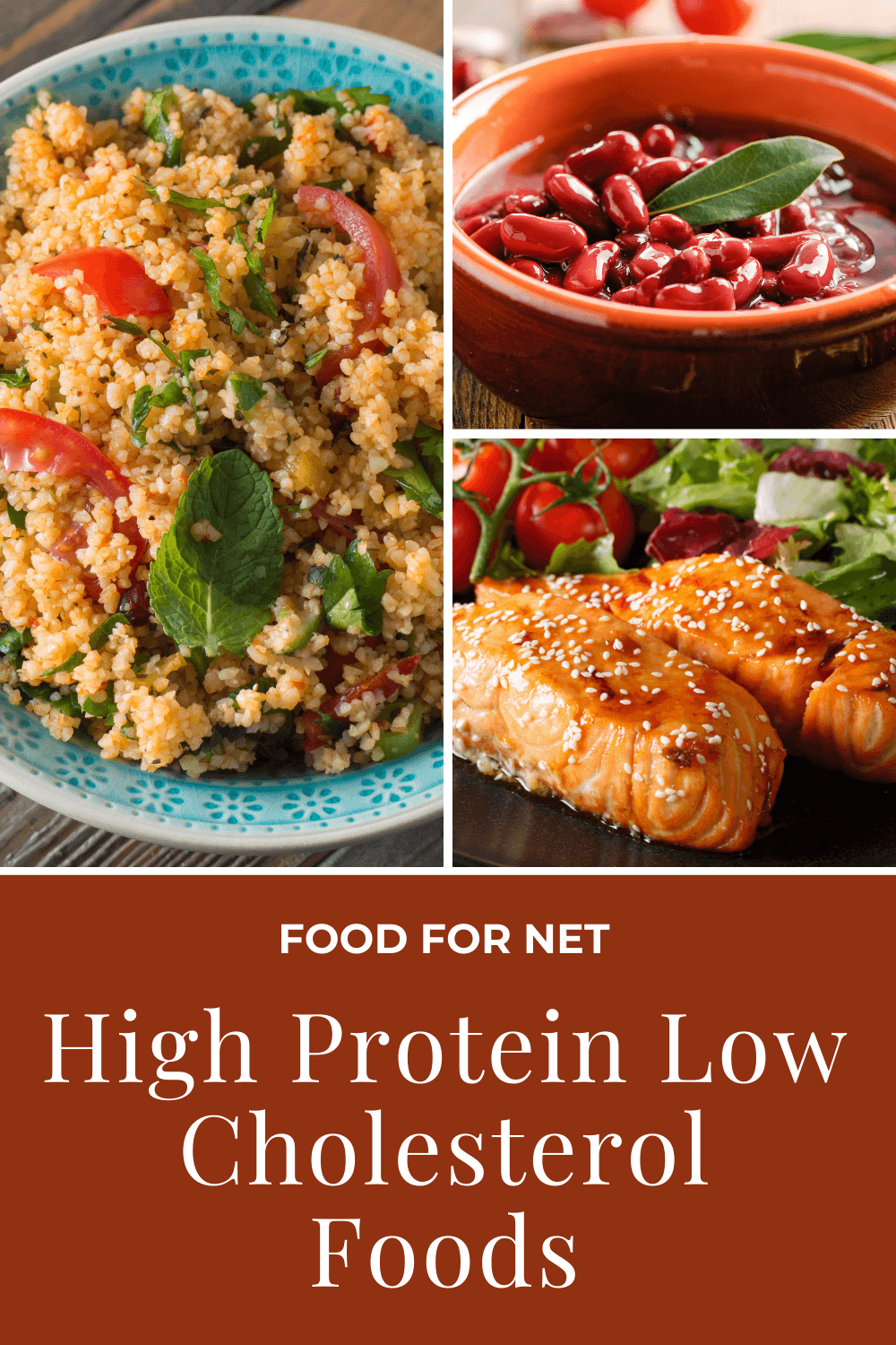 Three types of high protein low cholesterol foods, including quinoa, fish and beans