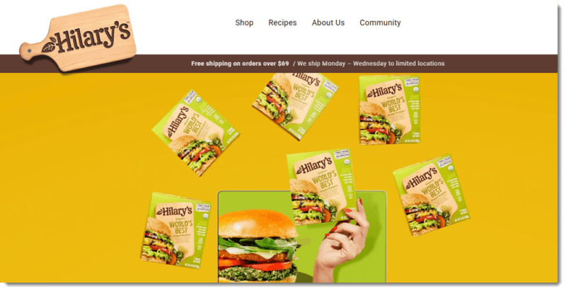 A website screenshot from the Hilary's site showing their veggie burger patties