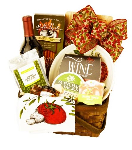 Holiday Cheer Gift Basket | Food For Net Cane basket with wine, cheese and snacks