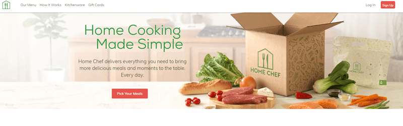 Home Chef website screenshot showing an open box on the counter along with various fresh meats and vegetables