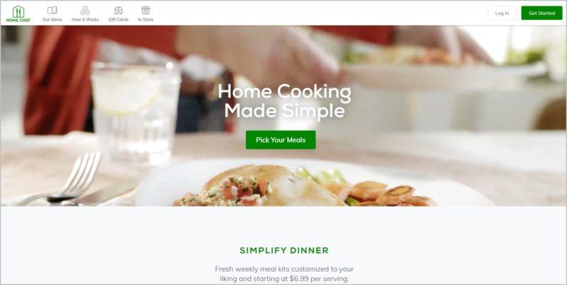 screenshot of Home Chef homepage showing a partial image of a person preparing the table with home-cooked meals