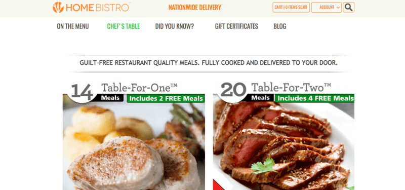 home bistro website screenshot showing a chicken and a beef meal