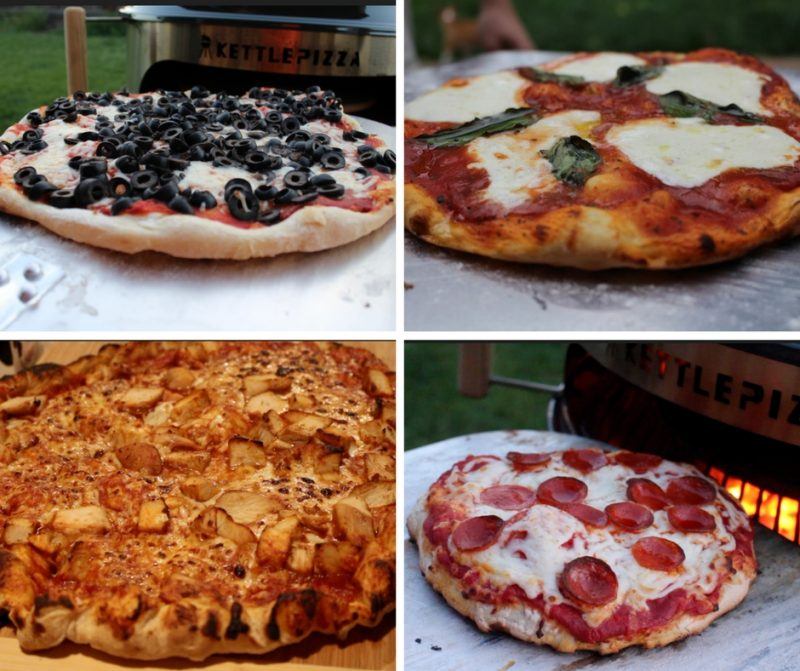 4 different pizzas cooked on kettlepizza charcoal