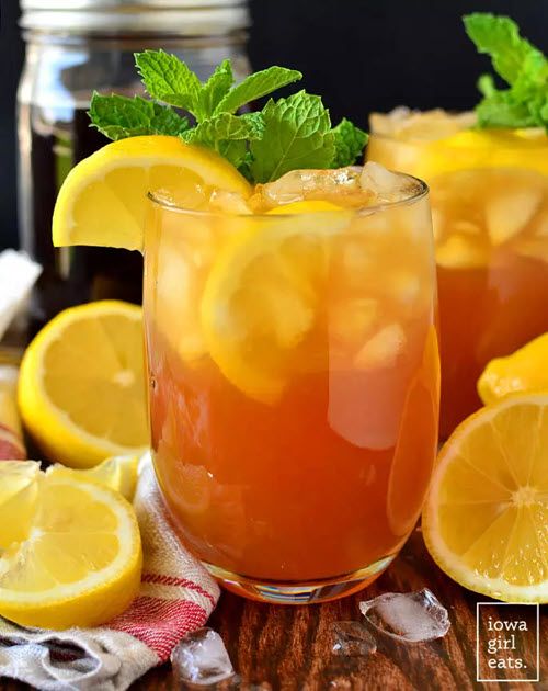 Two glasses containing a cocktail made using homemade sweet tea vodka