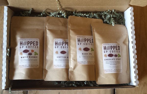 Four bags of Hopped Up Coffee in a box