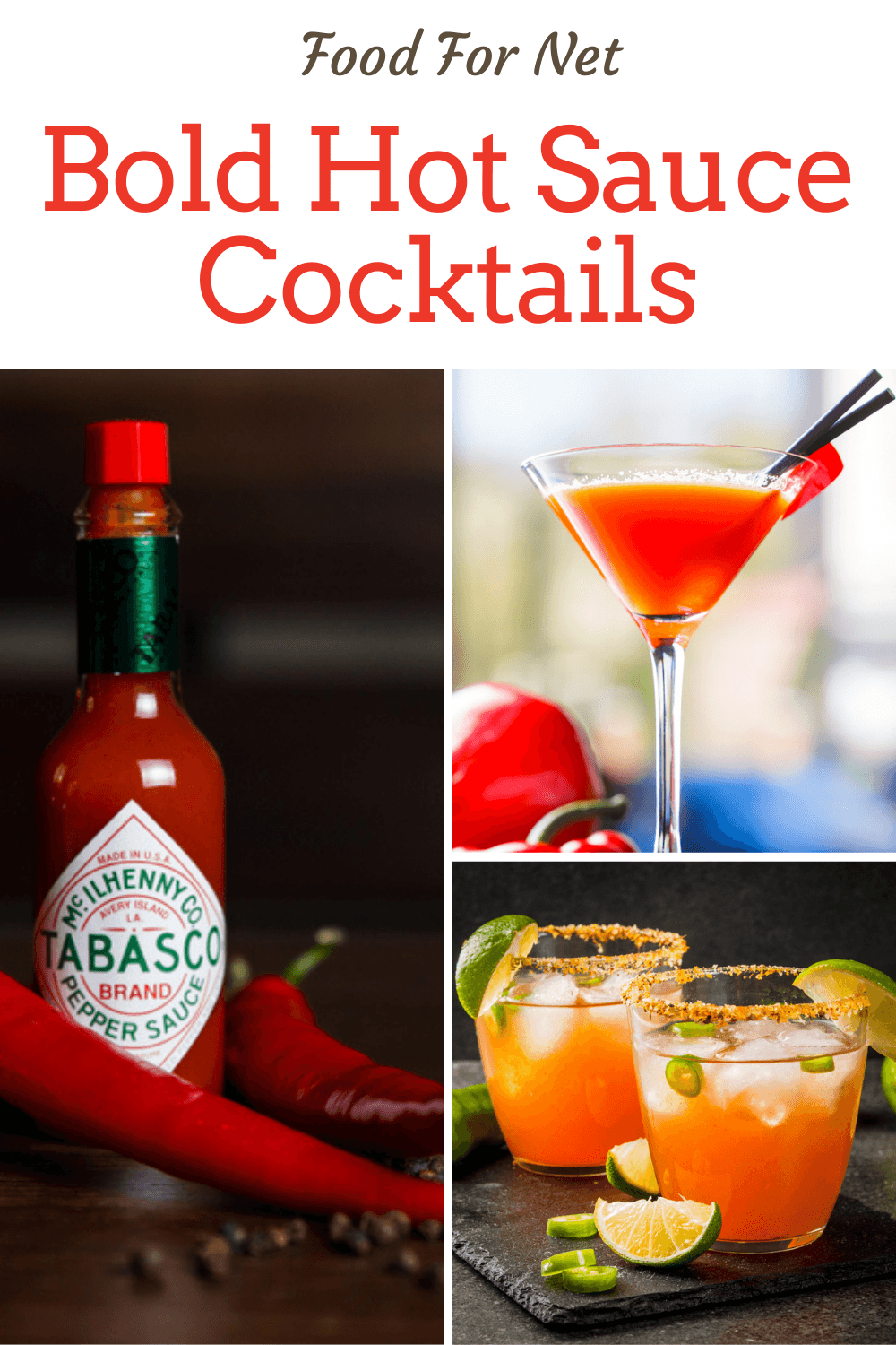 Three hot sauce cocktails and Tabasco sauce on a table