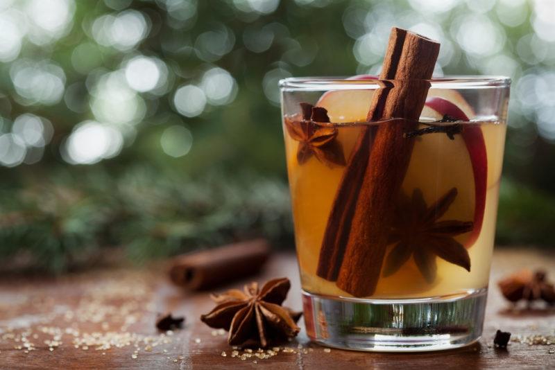 A glass of hot apple cider containing apple slices, cinnamon sticks and star anise