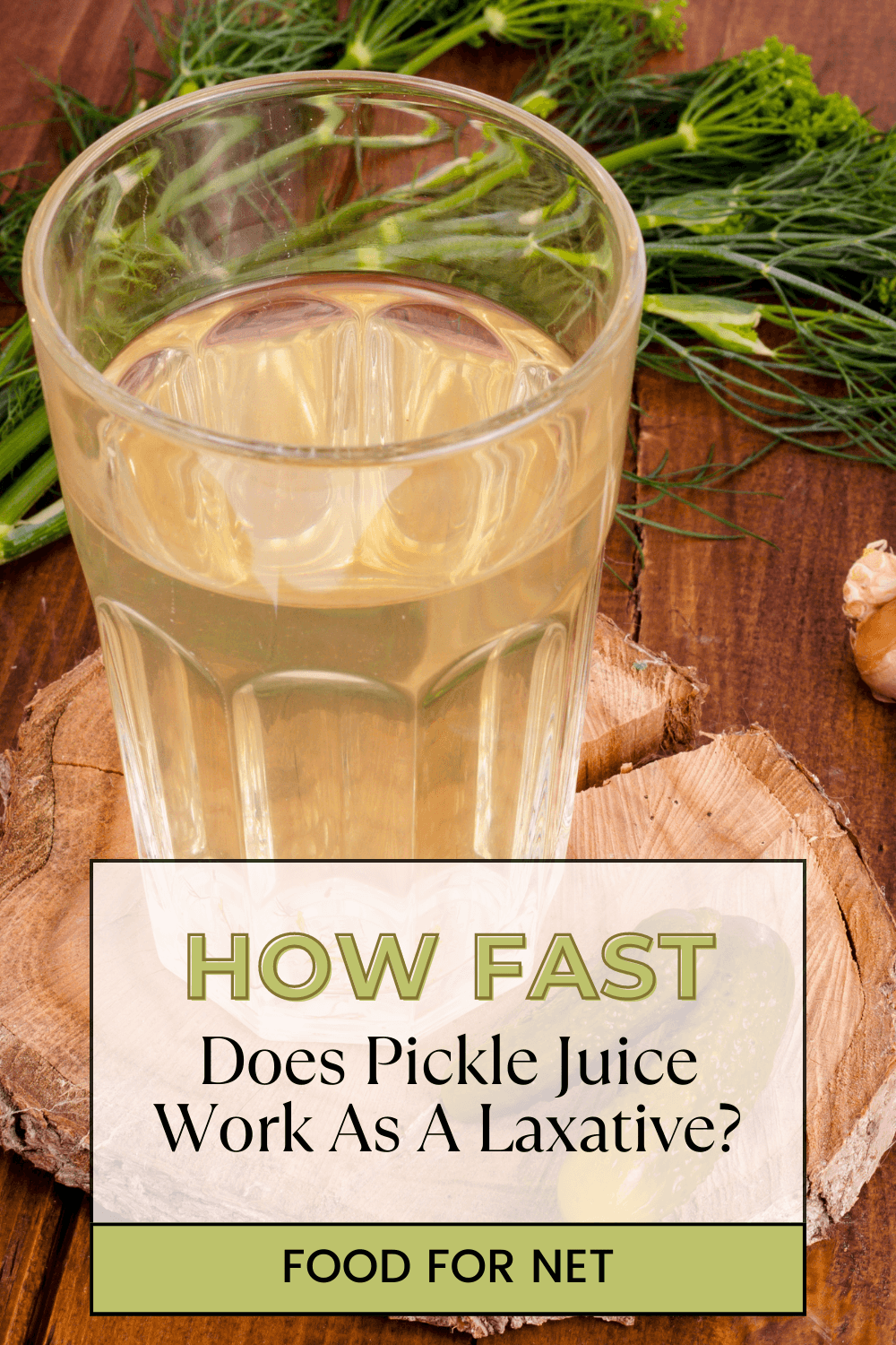 A large glass of pickle juice, next to dill, garlic, and pickles, looking at the question of how fast does pickle juice work as a laxative