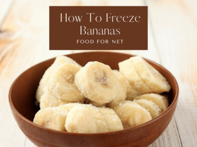 A light wooden table with a dark brown bowl filled with sliced frozen bananas, looking at how to freeze bananas