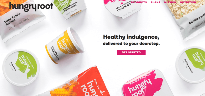 Hungry Root website screenshot with picture of packaging including overnight oats, pesto, and sweet potatoes