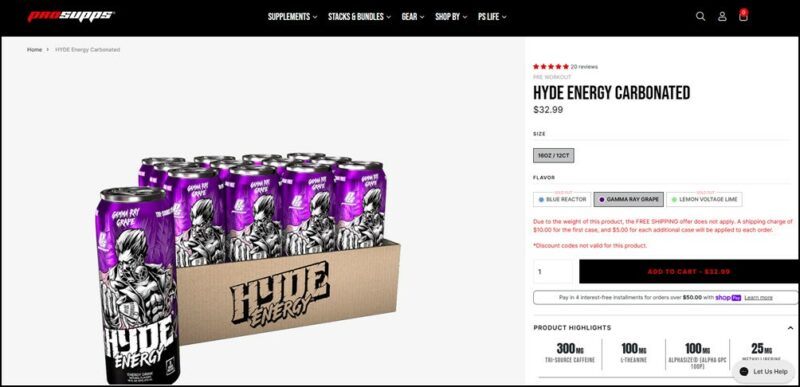 A cardboard box containing Hyde Energy Carbonated against a white background