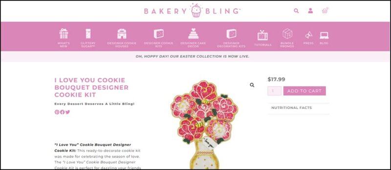 A website screenshot showing a bouquet of flower cookies in a cookie vase