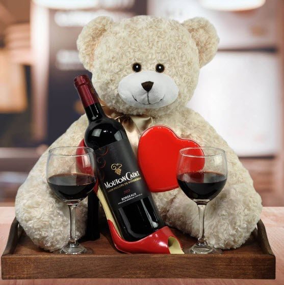I Love You Gift Basket | Food For Net Wooden tray with a large teddy bear and wine