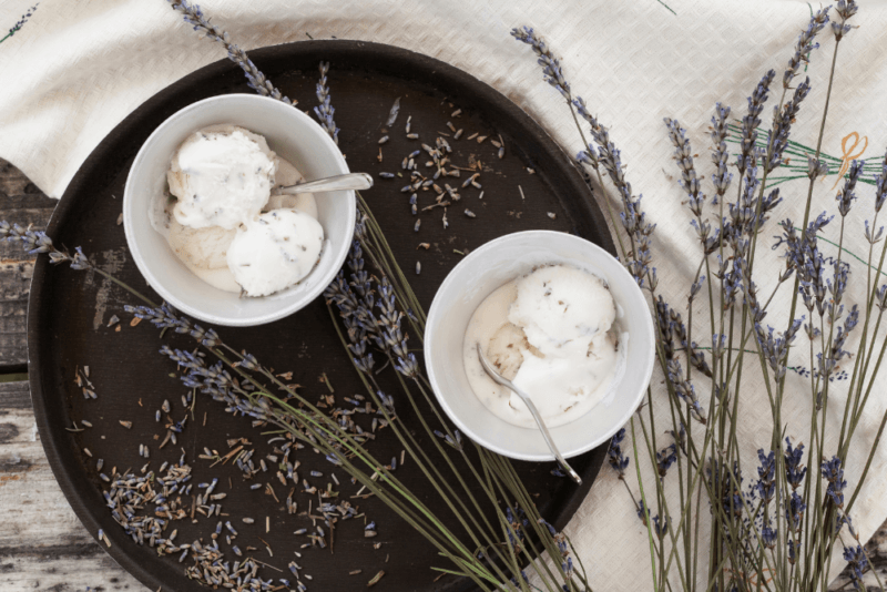 Two white bowls on a black tray, each containing lavender vanilla ice cream. There are many sprigs of dried lavender scattered around.