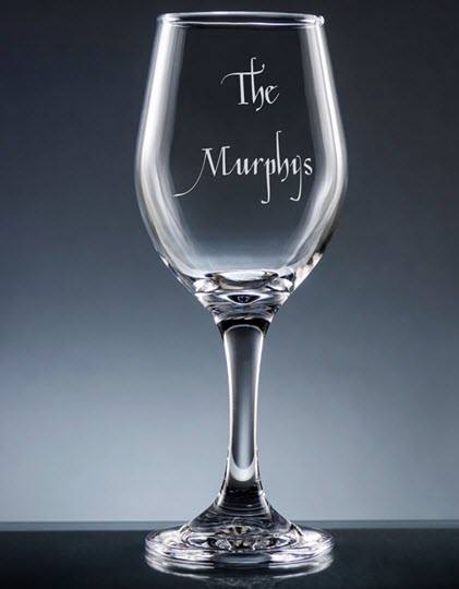 Iguala Wine Glass With Stem | Food For Net Wine glass with The Murphys engraved on it.