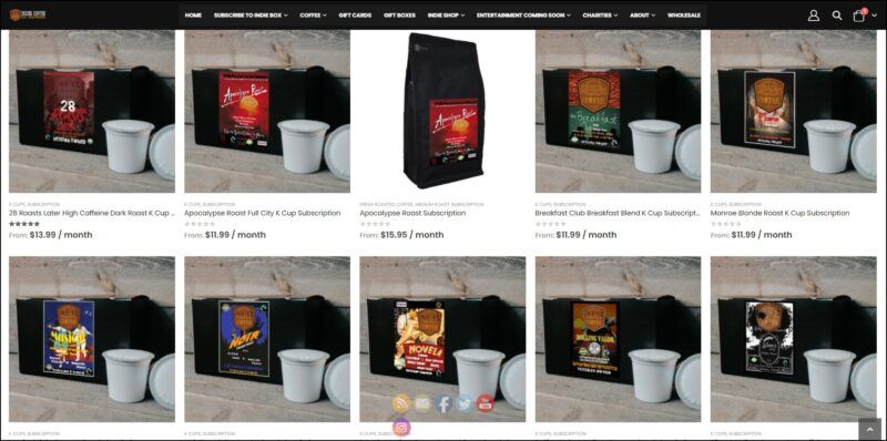 screenshot of Indies Coffee K Cup Subscription's web page, with black header bearing the website's name/logo along with the main menu, the page displays the different choices of blends for the K cup subscription along with accompanying images.