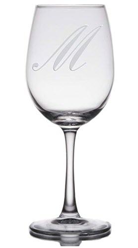 Initial Etched Wine Glass | Food For Net Clear wine glass with the letter M