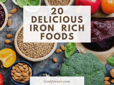 A selection of foods rich in iron including nuts, seeds and broccoli