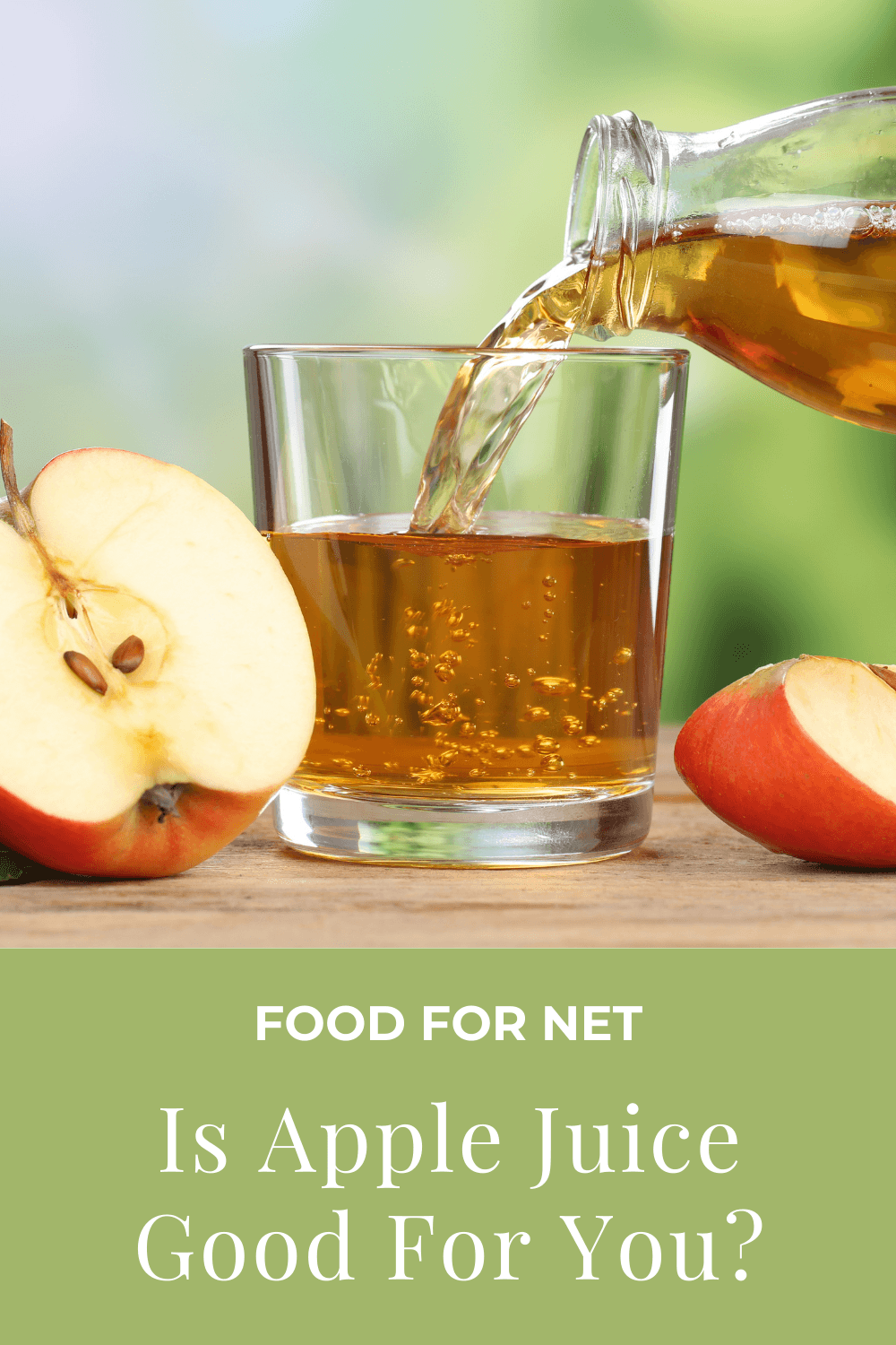 A glass of apple juice being poured from a bottle, next to some apple pieces