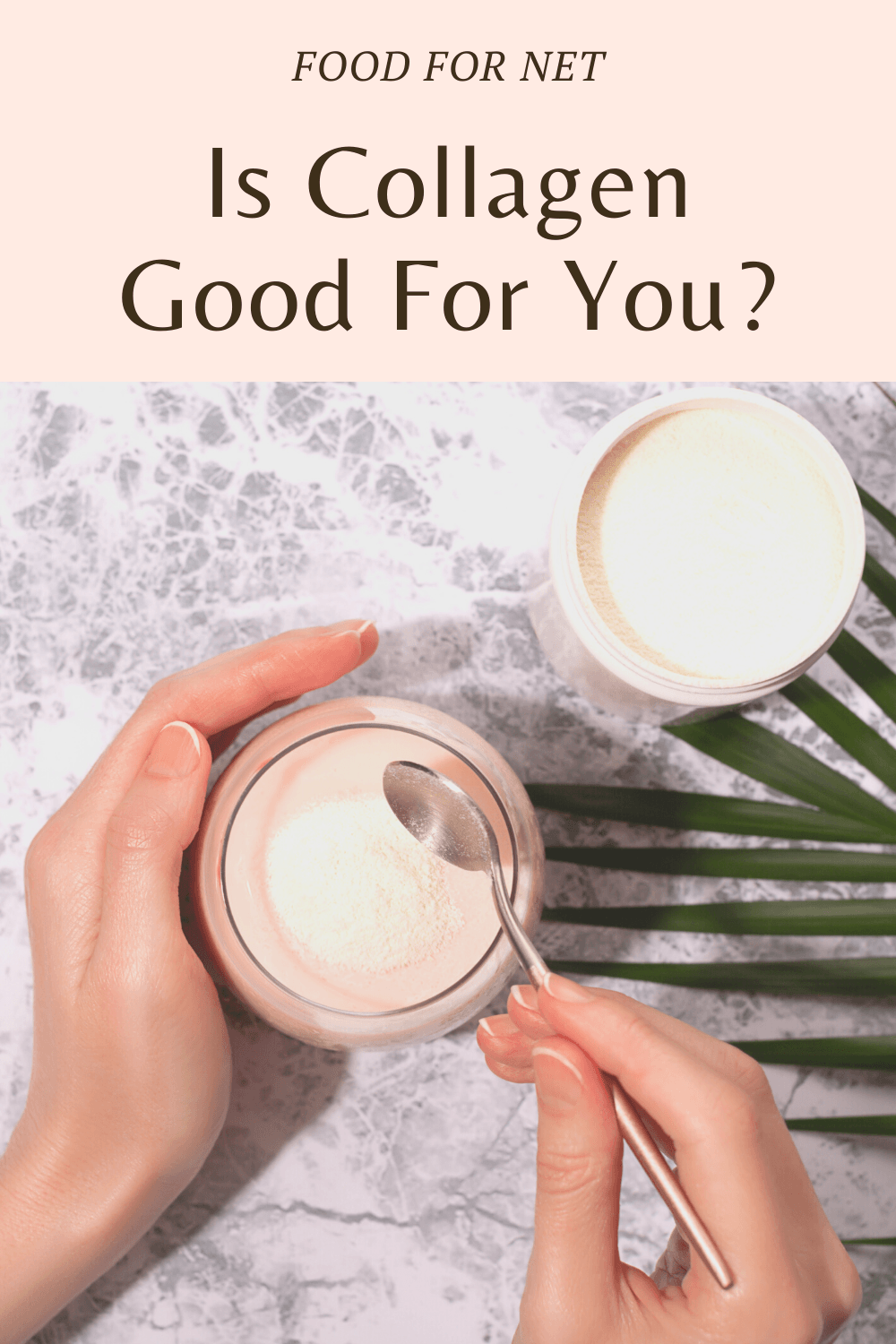 Is Collagen Good For You? A woman making a smoothie using collagen powder on a table with some leaves