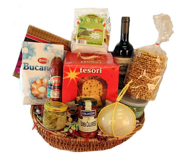 Squat basket with cake, cheese and wine