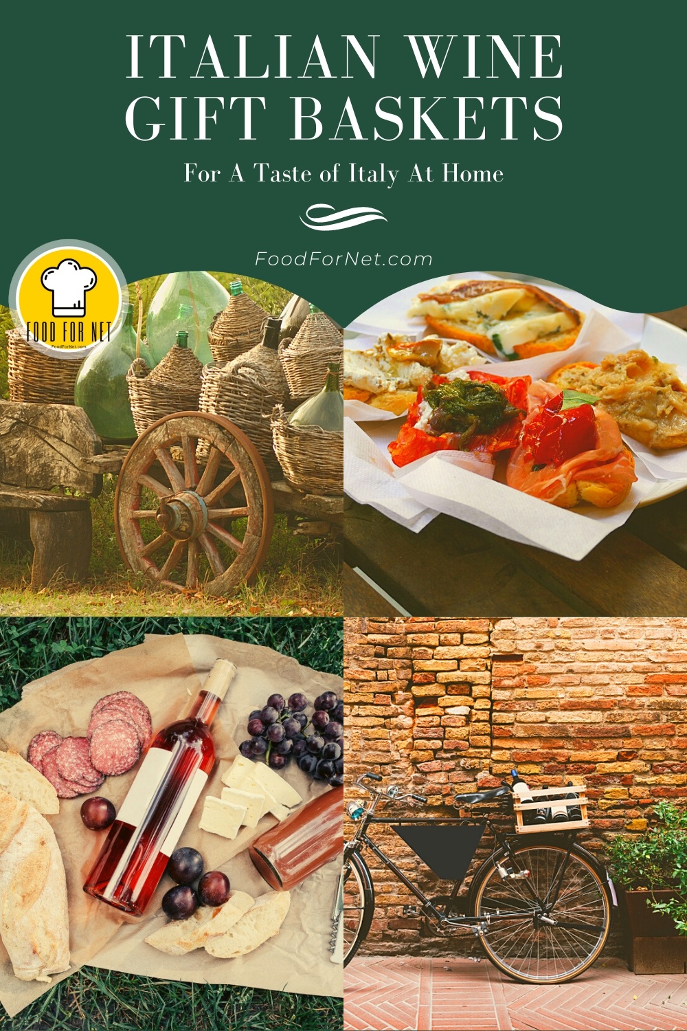 four photos of Italian food and wine in rustic, old-world landscapes to show the feel of what you get in these italian wine gift basket options