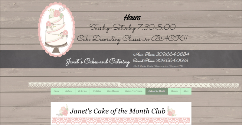 screenshot of Janet’s Cakes And Catering Cake of the Month Club's web page with a wooden background design with the website's logo on top along with operating hours and other info, underneath it is a light green bar with the main navigation menu, on the main content area is the details of the club subscription