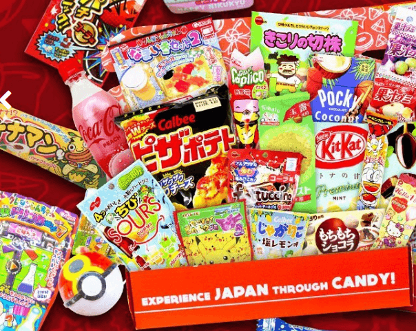 A red box with a large range of Japanese snacks