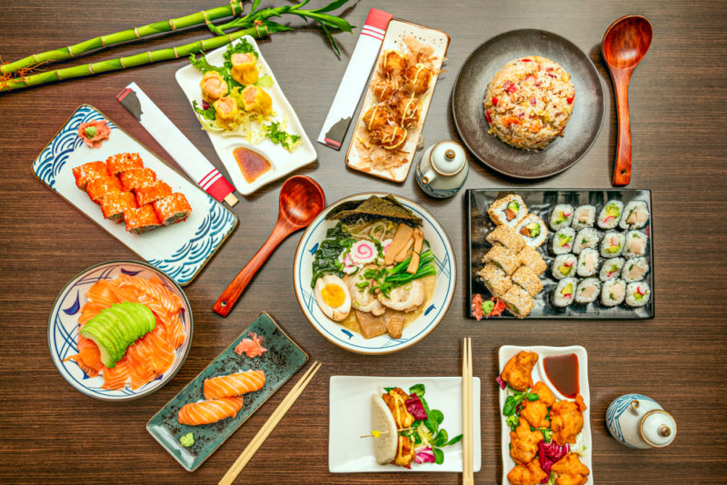 A selection of Japanese foods on a table