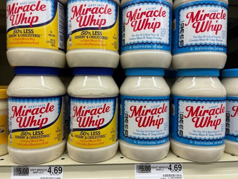 Tubs of Miracle Whip on a grocery store shelf