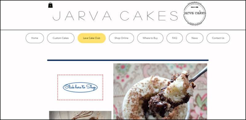 A website screenshot from Jarva Cakes Lava Cake Club showing one of their lava cakes being eaten with a spoon