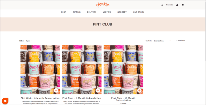 screenshot of Jeni’s Pint Club's web page that is mainly white, with the website's name/logo on top followed by the navigation menu, followed by a light brown bar with text overlay 'Pint Club' underneath it are images of the different ice cream flavors along with details of the ice cream subscriptions