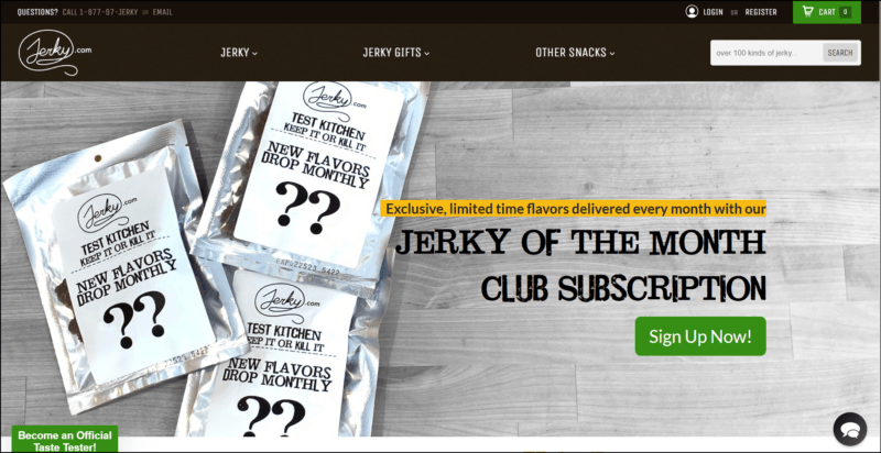 screenshot of Jerky.com Jerky Of The Month Club's web page with black header with the website's name and navigation menu, the main content area has a grey wood background with details of the subscription accompanied by images of the jerky in pouches