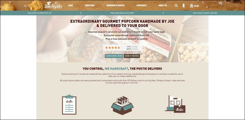 screenshot of Joe & Seph's Monthly Popcorn Subscription's web page, with a header with background image of golden popcorn, header bears the website's name and main menu, the page is displaying the information for the start of the subscription process