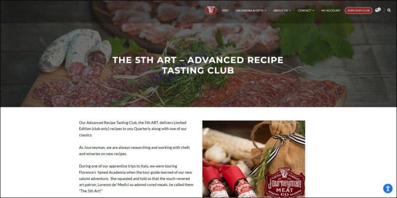 screenshot of Journeyman Meat Co. Advanced Recipe Tasting Club's web page, the image of a spread of cured meats is used as banner with the website's logo and main menu on top, followed by the details of the meat club accompanied by images of cured meats