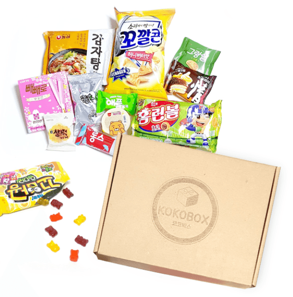 A brown box and various Korean snacks