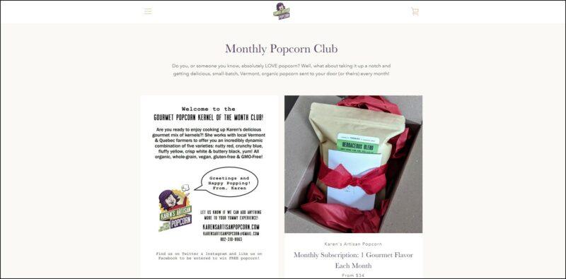 screenshot of Karen's Artisan Popcorn Monthly Popcorn Club's web page, the white header bears the website's logo, main menu, and shopping cart logo, the dominantly beige colored page displays the subscription details, with an image of the box with the popcorn pouch in it with red ribbons laid on red paper