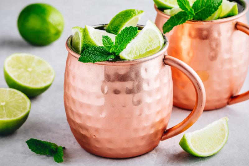 Two Kentucky mule cocktails in copper mugs