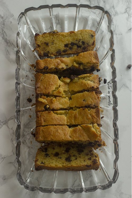 Chocolate chip banana bread in a glass dish