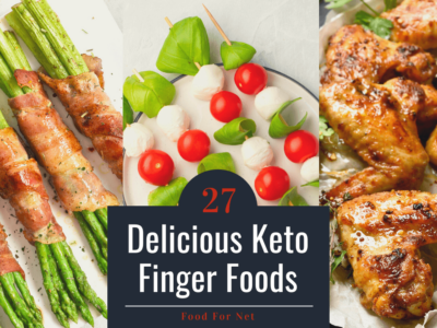 Three types of keto finger foods, including bacon wrapped asparagus, caprese salad skewers, and chicken wings