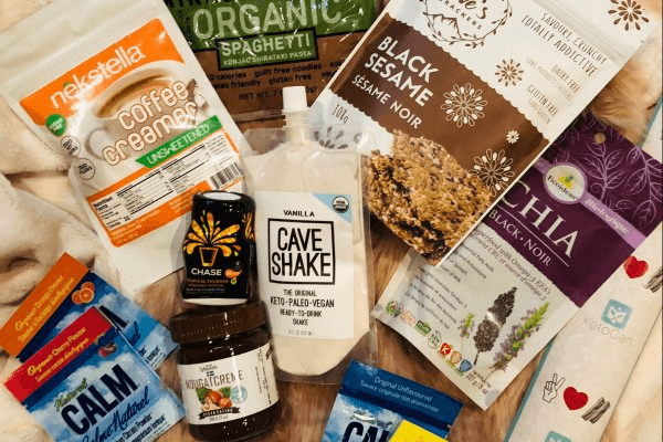 A selection of keto snacks spread out on a table. 