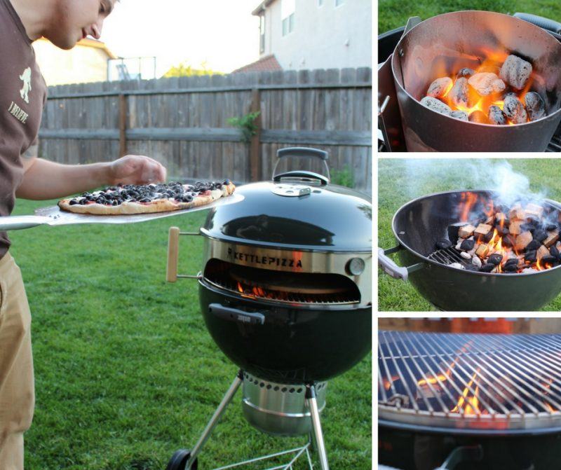 action shots of charcoal burning in weber kettle grill and cooking olive pizza