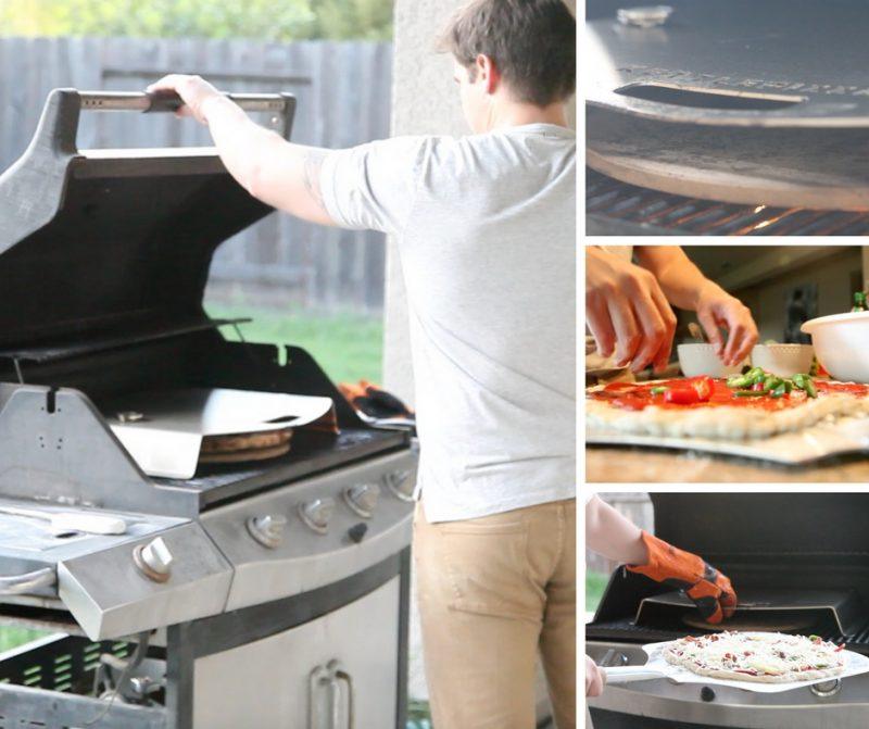 action shots of making pepper and pineapple pizza on 3-burner gas grill with kettlepizza gas pro