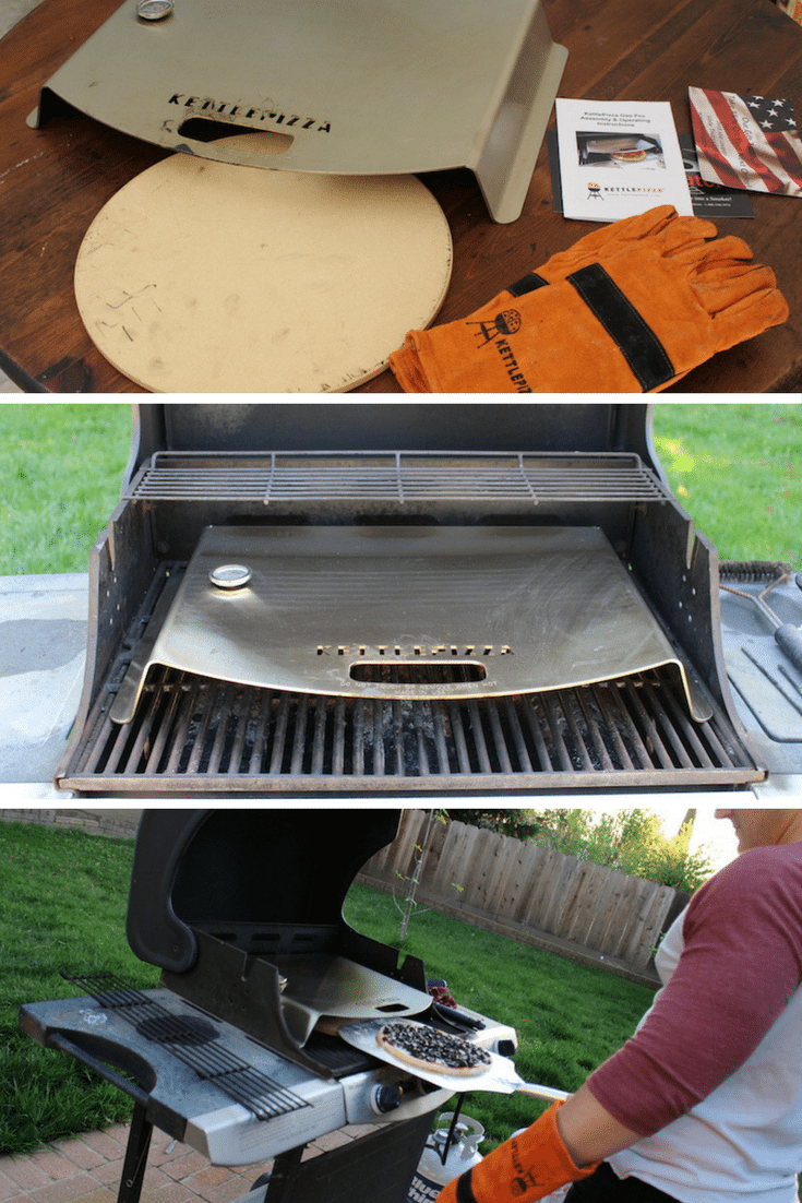 3 images of unboxing the KettlePizza Gas pro, putting it on my gas grill, and making olive pizza in my backyard