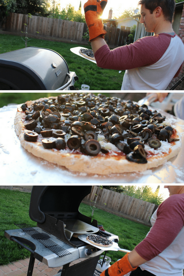 three images of placing an olive and cheese pizza in the kettlepizza gas pro steps 1, 2, and 3