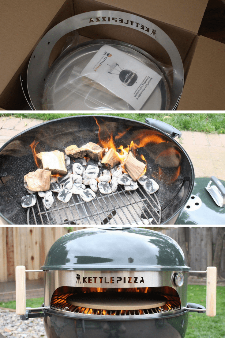 3 steps to setting up kettlepizza oven grill insert, unboxing, getting wood and coal fire started, and putting lid on your grill